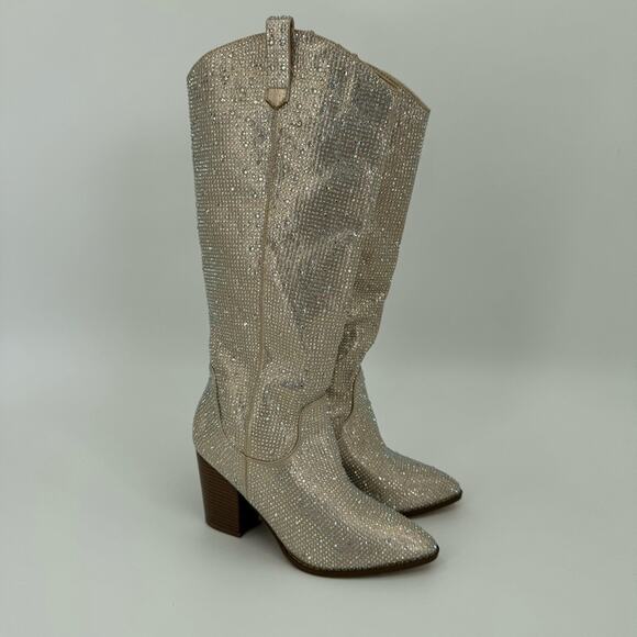 Top Moda Women's Rhinestone Bling Glitter Knee High Almond Western Boots Size 8 - Picture 2 of 10